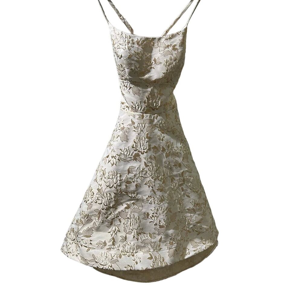 Cream w/Metallic Gold Floral A-Line Dress w/Open Lace-Up, Gently Used, Size 3/4